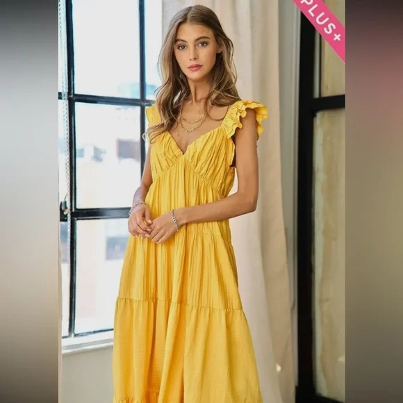 11. Women's Crinkled Fabric Ruffle Sleeve Deep V-Neck Maxi Dress - Picture 7 of 7